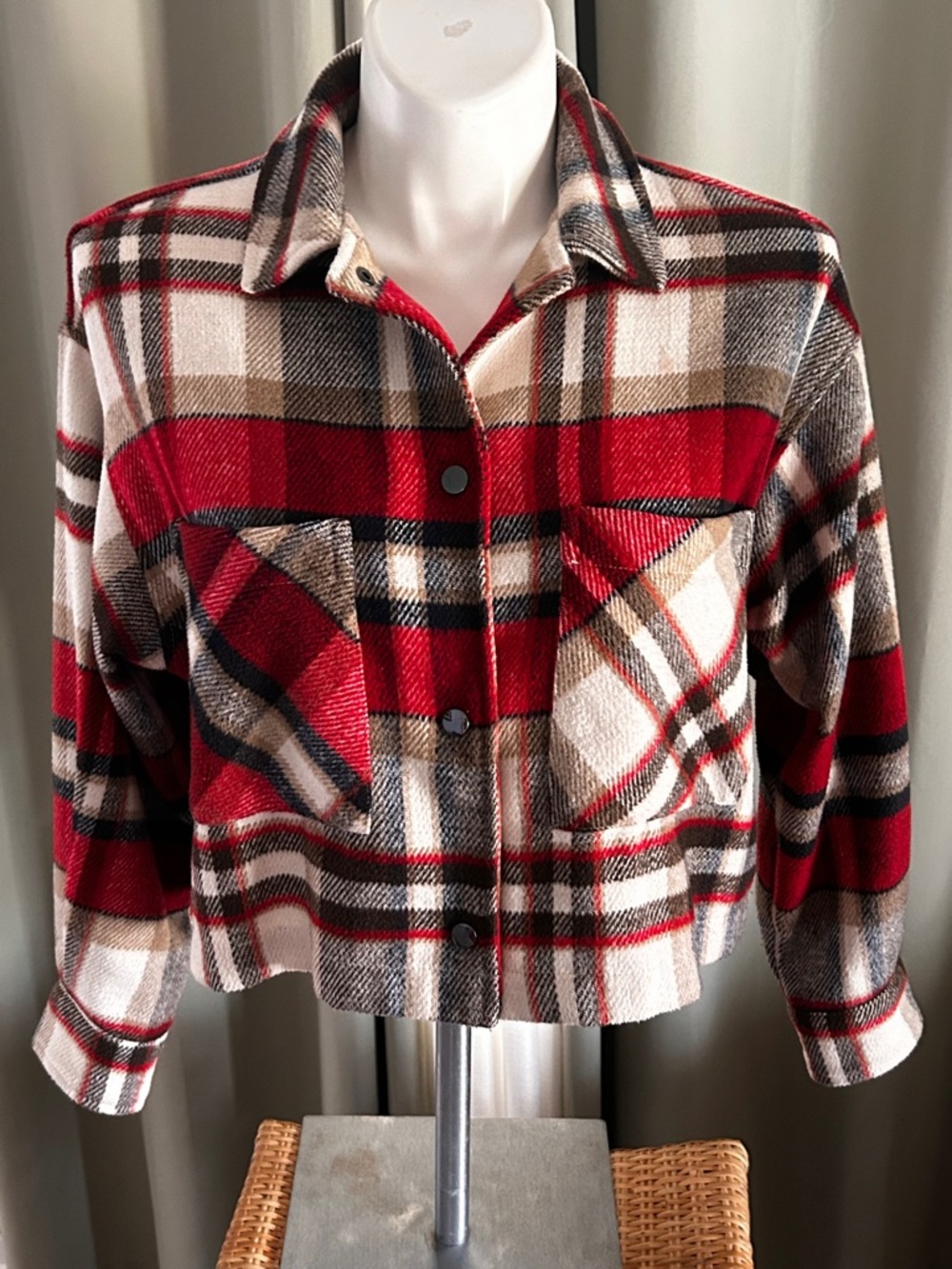Zara Red Multi Plaid Small Cropped Jean Jacket